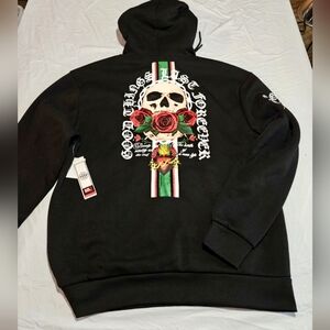 Black Hoodie with Skull and Rose Design